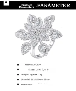Detailed view of S925 silver flower ring with micro-pave zircons, width 30mm, 7.2g