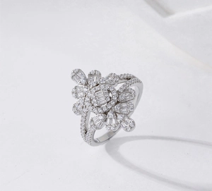 Detail of micro-pave setting with baguette and round diamonds on a flower ring