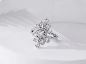 Macro shot of luxury S925 silver floral ring with intricate micro-pave diamond accents