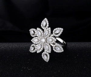 Macro view of micro-paved snowflake flower ring with marquise and round cut crystals