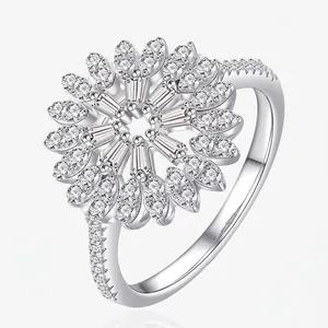 Elegant 925 Sterling Silver Flower Ring For Women Sparkling Zirconia Inlaid Sunflower Shape Western Fashion Finger Jewelry