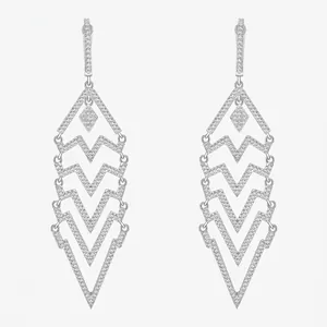 925 Sterling Silver Long Tassel Stud Earrings For Women V-shaped Geometric Micro Pave Rhinestone Dangle Jewelry Earrings