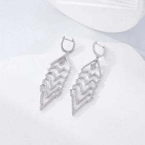 Elegant 925 sterling silver triangle tassel earrings with sparkling white pavé crystals