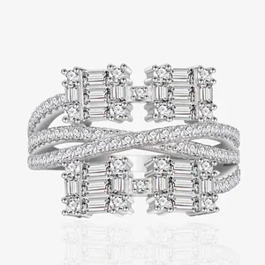 Luxury 925 Sterling Silver Multilayer Intertwined Ring For Women Geometric Rectangular Zirconia Inlaid Fashion Jewelry Finger Ring