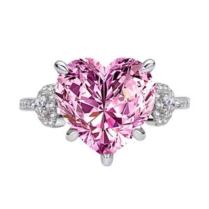 925 silver ring featuring a 12x12mm heart-shaped pink carbon diamond with side accents