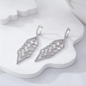 Long V-shaped tassel earrings in S925 sterling silver with micro-pave cubic zirconia crystals