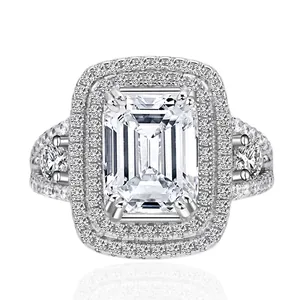 Luxury 925 Sterling Silver Emerald Cut Rhinestone Ring For Women Double Halo Sparkling High Carbon Diamond Look Finger Ring