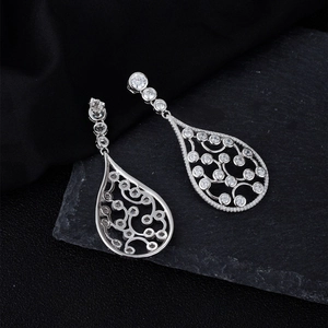 S925 sterling silver teardrop dangle earrings with hollow scroll pattern and zircons