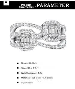 Macro view of S925 silver double halo ring with rectangular stones and layered design