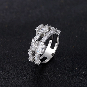 Elegant S925 sterling silver double-row ring with baguette and round 5A zircon stones