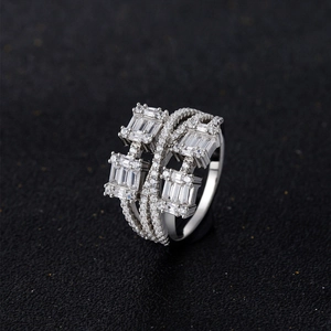 Luxurious multi-layer S925 silver ring with rectangular zircon stones on black background