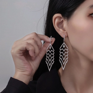 Elegant 925 sterling silver long tassel drop earrings with sparkling V-shaped geometry