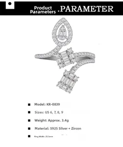 Dessin technique de la bague en argent S925 avec zircone et dimensions du produit