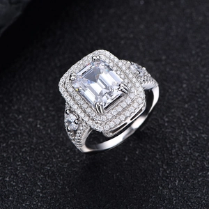 Luxury emerald cut rectangle cubic zirconia ring with double halo in S925 sterling silver