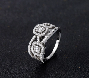 Macro shot of S925 sterling silver ring with multi-layer pave square cubic zirconia
