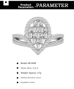 Detailed specs for S925 silver crown ring with teardrop zircon and V-shape base