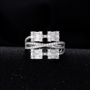 S925 sterling silver multi-layer crossover ring with baguette-cut zircon gemstones
