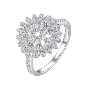 Exquisite S925 silver flower ring with baguette-cut zircon and pave-set detailing