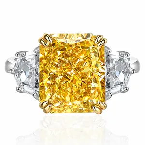Luxury 925 Sterling Silver Three Stone Ring For Women Radiant Cut Rhinestone Engagement Wedding Party Statement Ring Jewelry