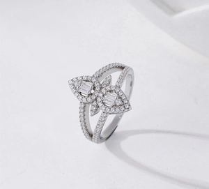 Detailed close-up of S925 silver ring featuring micro-pave double teardrop sparkling stones