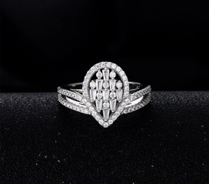 Macro shot of silver S925 crown ring with micro-paved teardrop center and clear stones