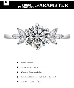 Détail d'une bague en argent S925 avec diamant à haute teneur en carbone de 6,5 mm