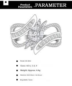 Detail specifications of S925 silver ring featuring multi-cut 5A grade white cubic zirconia
