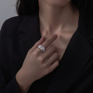 S925 sterling silver ring with 5A zircon inlay in a layered geometric designer style