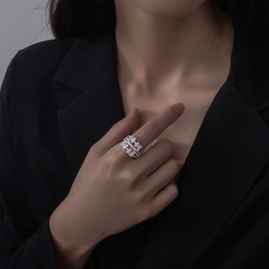 S925 sterling silver multi-layer intertwined ring with rectangular zircon stones for women