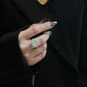 Emerald cut high carbon diamond ring in S925 silver with double halo pave setting