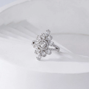 Exquisite flower-shaped S925 silver ring with micro-paved diamonds and split shank detail