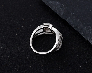 Macro shot of S925 sterling silver ring showing full pave setting and inner 925 hallmark