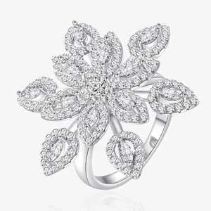 Exaggerated 925 Sterling Silver Flower Ring For Women Micro Pave White Zirconia Snowflake Cocktail Statement Finger Ring