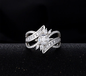 Macro shot of S925 sterling silver ring with channel-set zircon and floral cluster