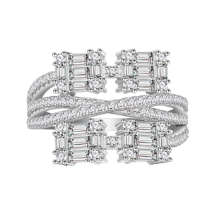 Luxurious multi-layer 925 silver ring featuring baguette and round-cut cubic zirconia gems