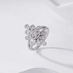 Exquisite S925 silver micro-pave diamond floral halo ring with geometric stone details