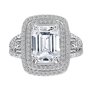 Luxurious emerald cut S925 silver ring with double halo of clear high carbon diamonds