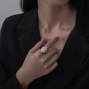 Exquisite flower-shaped S925 silver ring with full micro-pave cubic zirconia crystals