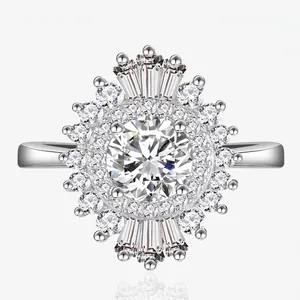 Luxury 925 Sterling Silver Sunflower Ring Radiant Zirconia Baguette Cut Engagement Wedding Band For Women Elegant Jewelry