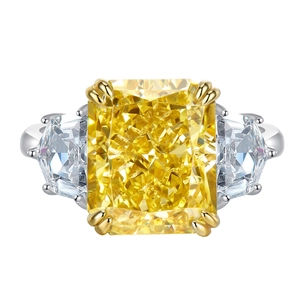 Radiant cut yellow carbon diamond ring with 925 silver band and three-stone setting design