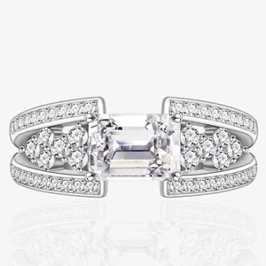 Luxury 925 Sterling Silver Emerald Cut Zirconia Ring For Women Elegant Double Layer Micro Pave Sparkling Engagement Wedding Finger Ring Jewelry