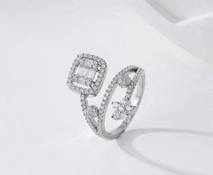 Detail of S925 silver multi-layer open ring with baguette zircon and floral motifs