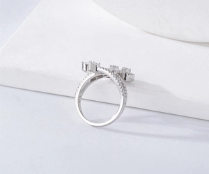 Macro shot of 925 sterling silver multilayer ring featuring sparkling zircon inlay details