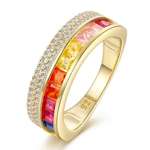 Luxury S925 Sterling Silver Rainbow Zirconia Ring For Women Colorful Checkered Patchwork Rhinestone Statement Ring Jewelry Gift