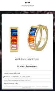 Detail view of 18K gold earrings with blue orange and pink step-cut cubic zirconia