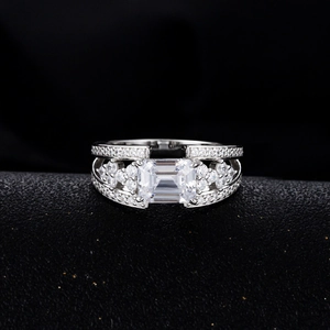 Emerald cut 6x8mm high carbon diamond 925 sterling silver ring with double pave band