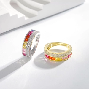 Luxurious S925 sterling silver rainbow gemstone rings with grid pattern in gold and silver