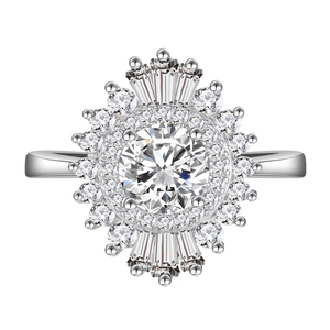 925 silver sunflower ring with 6mm brilliant center stone and double halo diamond setting