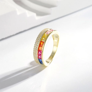 Luxurious S925 sterling silver ring with gradient rainbow gems and white zircon accents