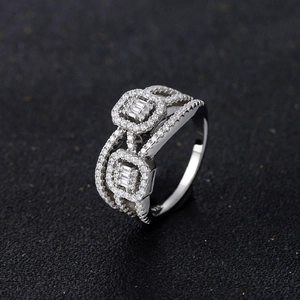 Double halo S925 sterling silver ring with baguette center stone and micro-pave diamonds